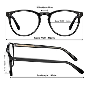 Carfia Orlanda black round acetate full rim eyeglasses flat lay top view lightweight 22g prescription glasses 142mm width size