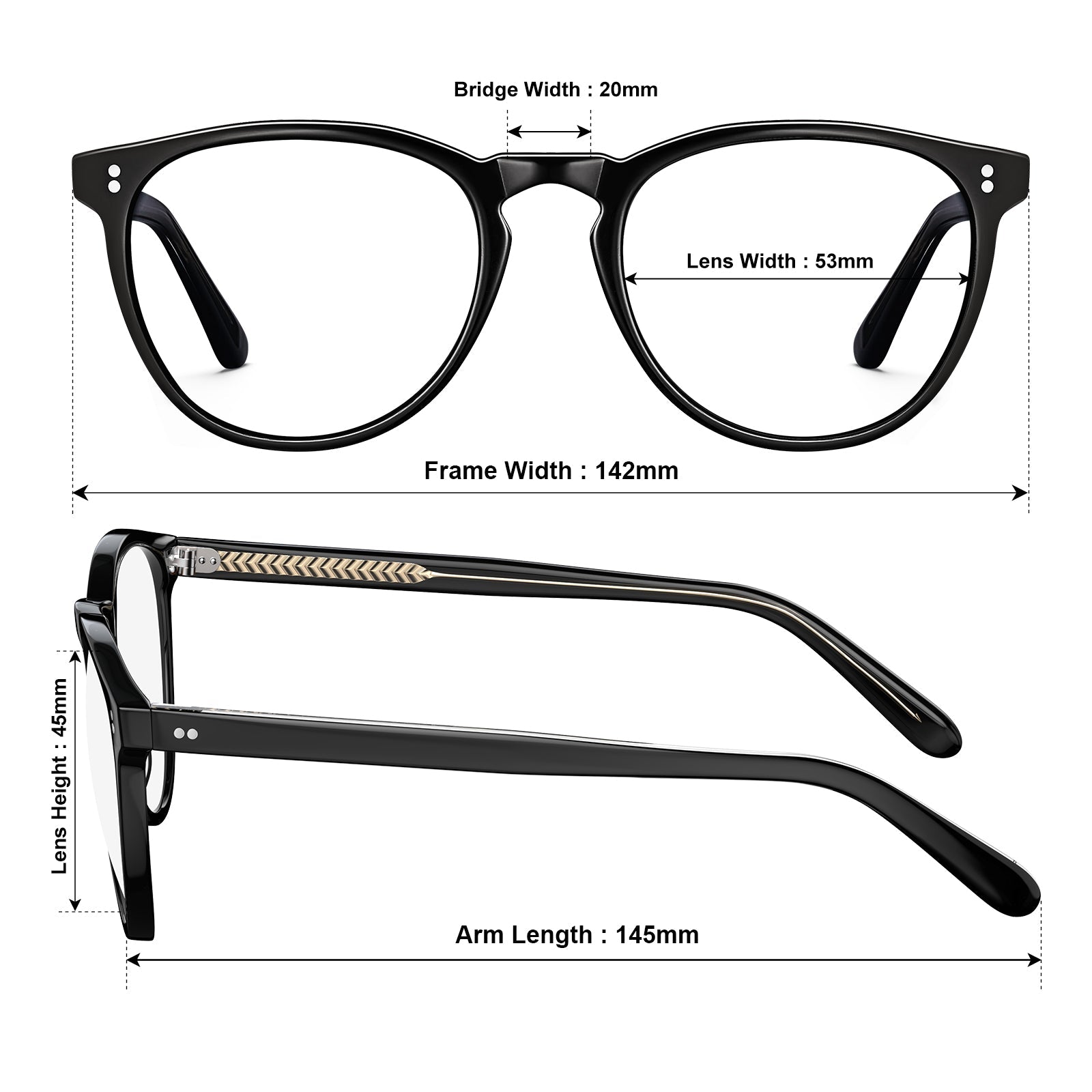 Carfia Orlanda-FL01 Black Acetate Round Prescription Glasses Eyeglasses for Unisex, Size Chart: 142mm frame width, 53mm lens width, 45mm lens height, 20mm bridge, 145mm temple