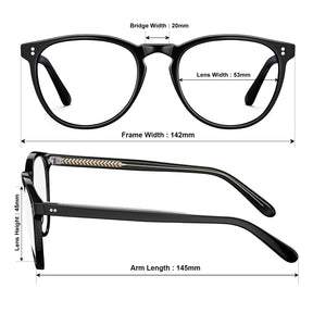 Carfia Orlanda-FL01 Black Acetate Round Prescription Glasses Eyeglasses for Unisex, Size Chart: 142mm frame width, 53mm lens width, 45mm lens height, 20mm bridge, 145mm temple