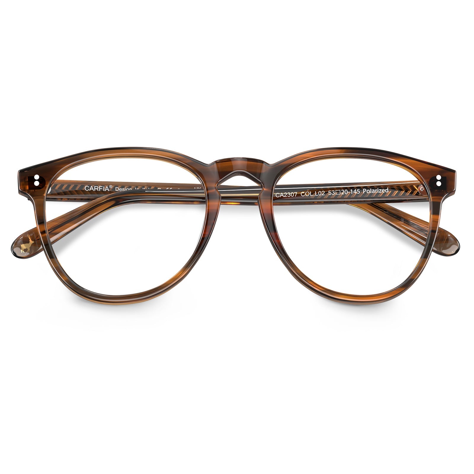 Carfia Orlanda-FL02 Brown Acetate Round Prescription Glasses Eyeglasses for Unisex, Detail: folded temples with engraved model number CA2307 COL.L02 53□20-145 (temple engraving shows Polarized)