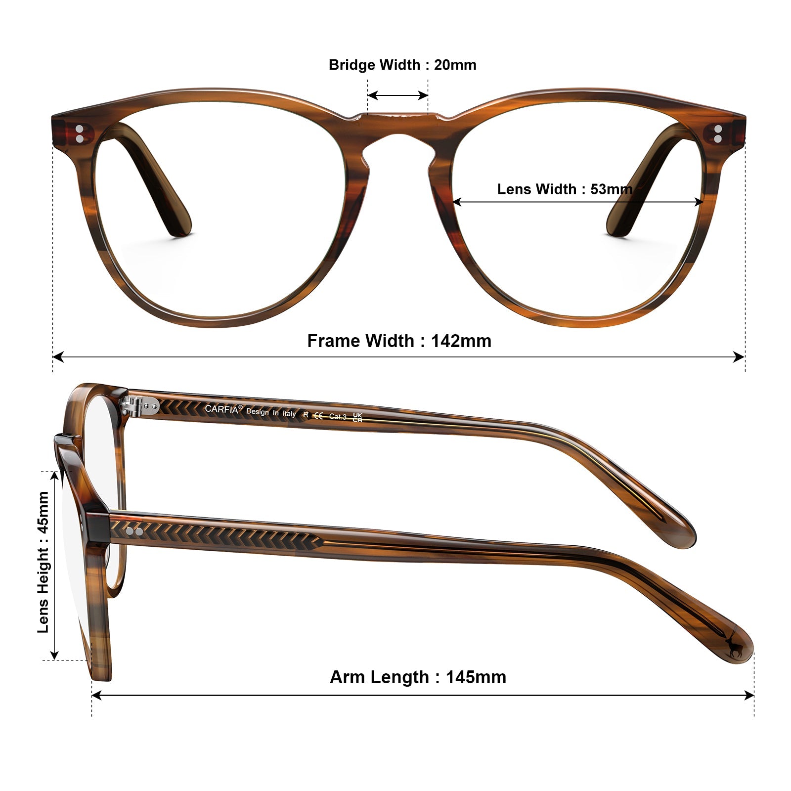 Carfia Orlanda-FL02 Brown Acetate Round Prescription Glasses Eyeglasses for Unisex, Size Chart: 142mm frame width, 53mm lens width, 45mm lens height, 20mm bridge, 145mm temple