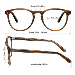 Carfia Orlanda-FL02 Brown Acetate Round Prescription Glasses Eyeglasses for Unisex, Size Chart: 142mm frame width, 53mm lens width, 45mm lens height, 20mm bridge, 145mm temple