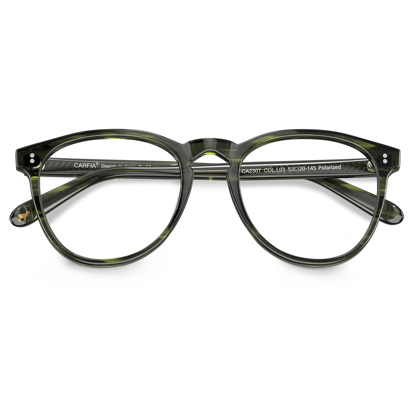 Carfia Orlanda-FL03 Green-Tortoise Acetate Round Prescription Glasses Eyeglasses for Unisex, Detail: folded temples with engraved model number CA2307 (temple engraving shows Polarized)