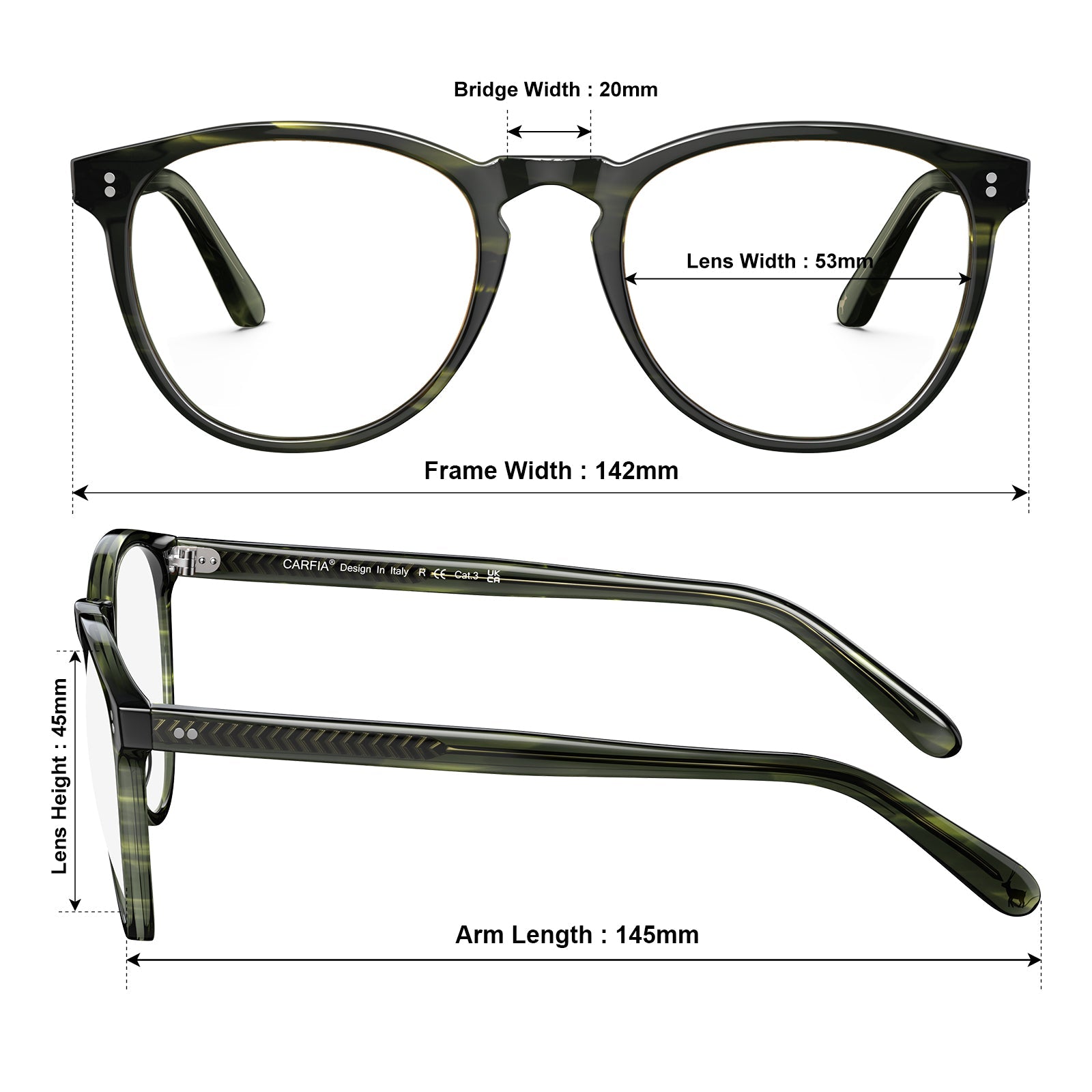 Carfia Orlanda-FL03 Green-Tortoise Acetate Round Prescription Glasses Eyeglasses for Unisex, Size Chart: 142mm frame width, 53mm lens width, 45mm lens height, 20mm bridge, 145mm temple