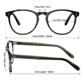 Carfia Orlanda-FL03 Green-Tortoise Acetate Round Prescription Glasses Eyeglasses for Unisex, Size Chart: 142mm frame width, 53mm lens width, 45mm lens height, 20mm bridge, 145mm temple