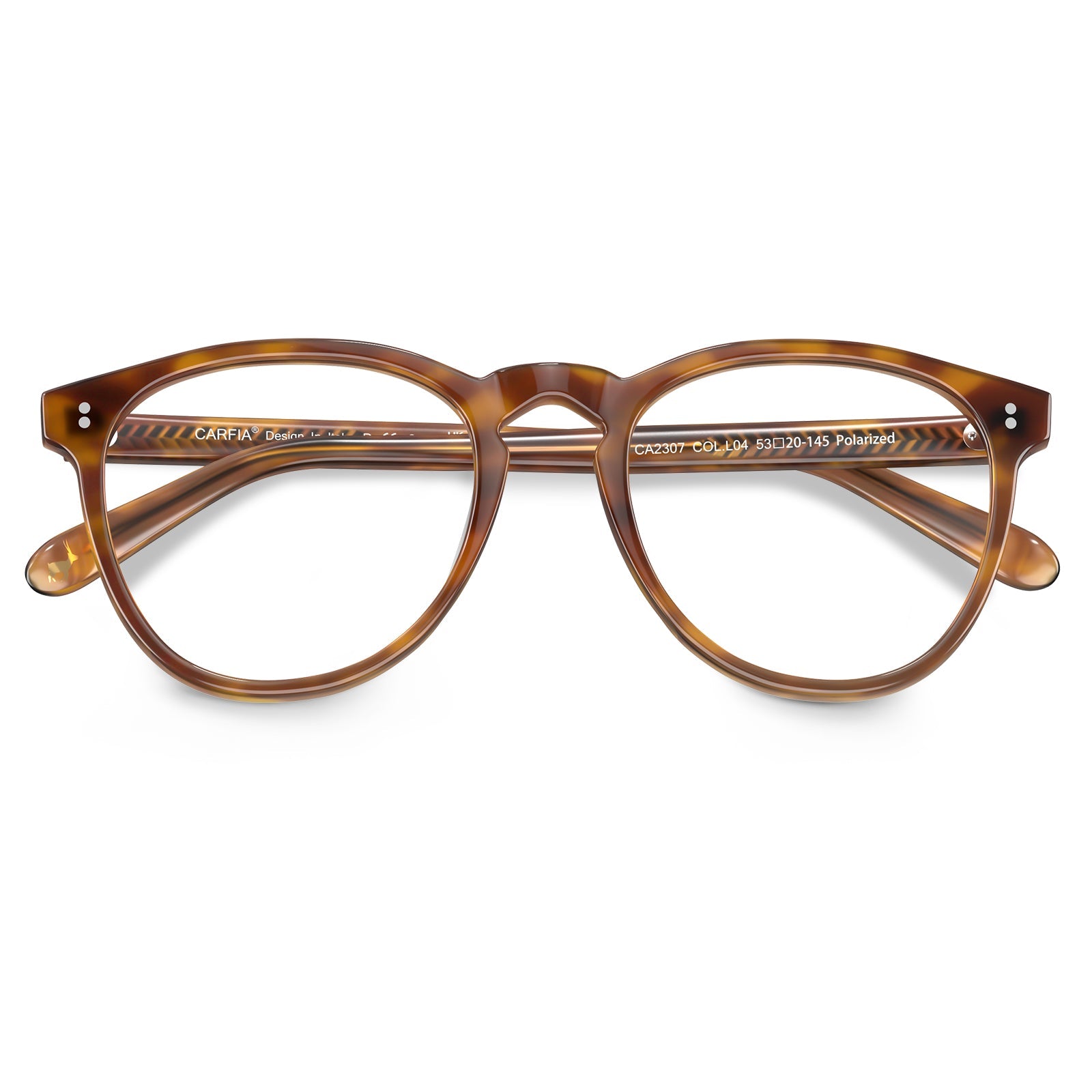 Carfia Orlanda-FL04 Tea-Brown Acetate Round Prescription Glasses Eyeglasses for Unisex, Detail: folded temples with engraved model number CA2307 (temple engraving shows Polarized)