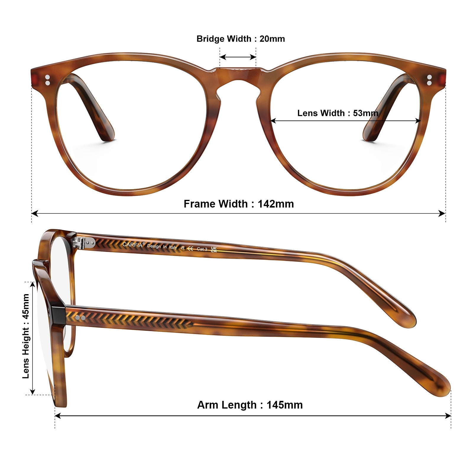 Carfia Orlanda-FL04 Tea-Brown Acetate Round Prescription Glasses Eyeglasses for Unisex, Size Chart: 142mm frame width, 53mm lens width, 45mm lens height, 20mm bridge, 145mm temple