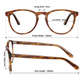 Carfia Orlanda-FL04 Tea-Brown Acetate Round Prescription Glasses Eyeglasses for Unisex, Size Chart: 142mm frame width, 53mm lens width, 45mm lens height, 20mm bridge, 145mm temple