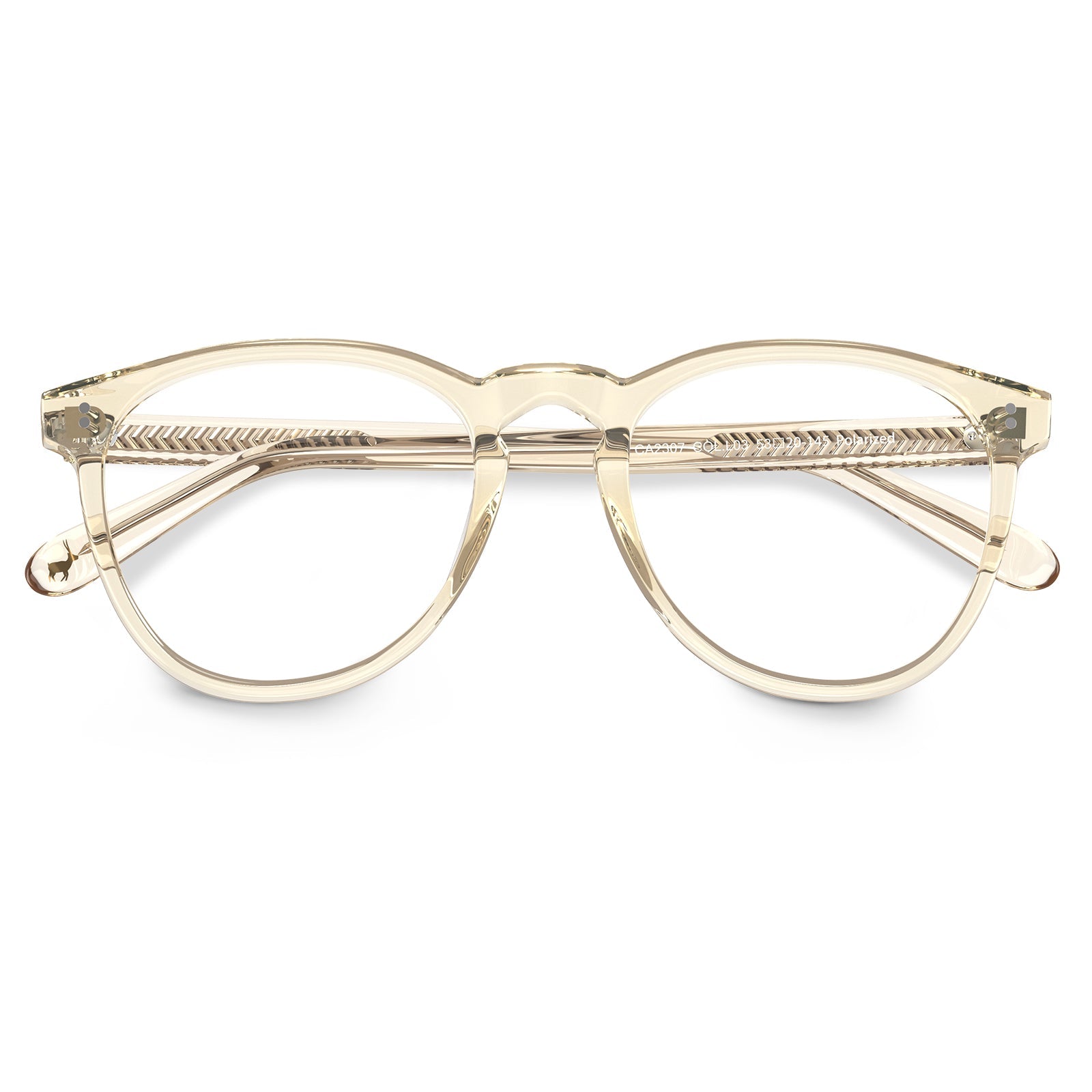 Carfia Orlanda-FL05 Transparent-Gold Acetate Round Prescription Glasses Eyeglasses for Unisex, Detail: folded temples with engraved model number CA2307 (temple engraving shows Polarized)