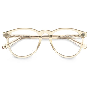 Carfia Orlanda-FL05 Transparent-Gold Acetate Round Prescription Glasses Eyeglasses for Unisex, Detail: folded temples with engraved model number CA2307 (temple engraving shows Polarized)