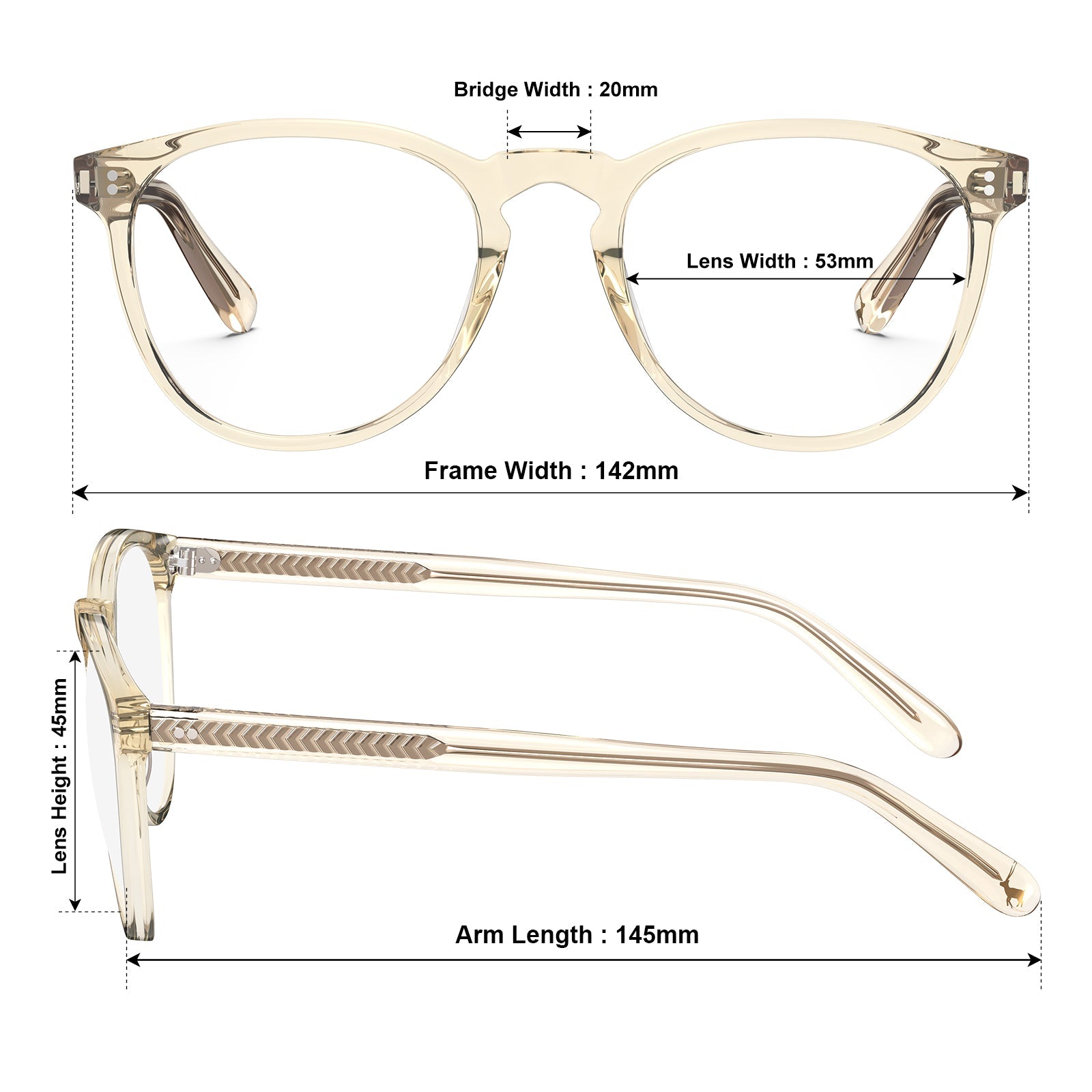 Carfia Orlanda-FL05 Transparent-Gold Acetate Round Prescription Glasses Eyeglasses for Unisex, Size Chart: 142mm frame width, 53mm lens width, 45mm lens height, 20mm bridge, 145mm temple