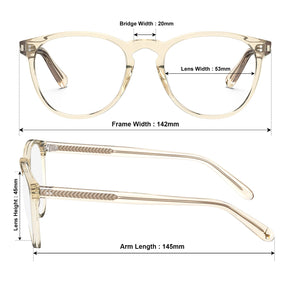 Carfia Orlanda-FL05 Transparent-Gold Acetate Round Prescription Glasses Eyeglasses for Unisex, Size Chart: 142mm frame width, 53mm lens width, 45mm lens height, 20mm bridge, 145mm temple
