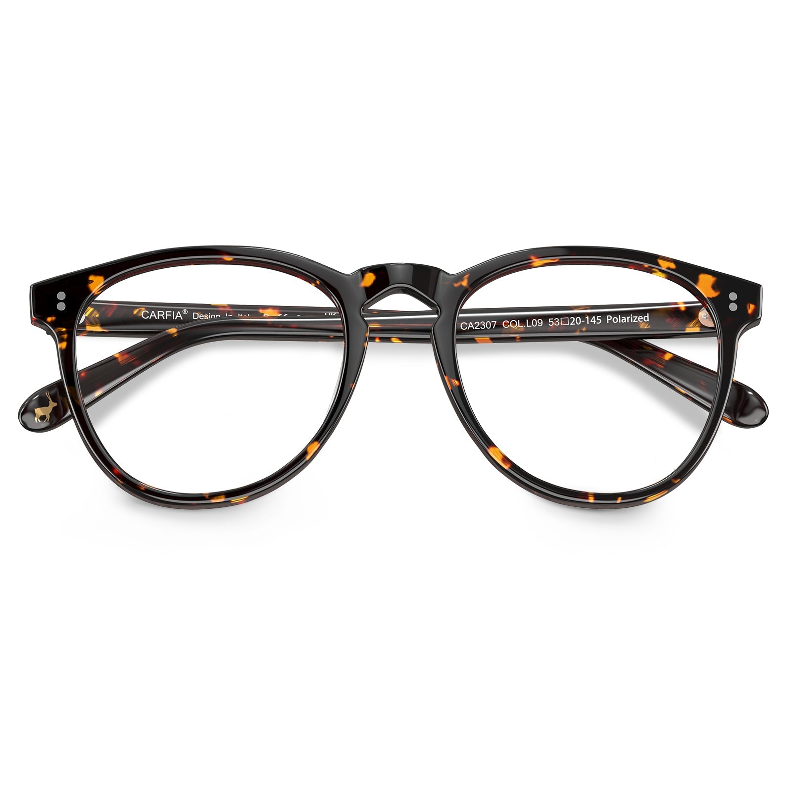 Carfia Orlanda-FL09 Tortoise Acetate Round Prescription Glasses Eyeglasses for Unisex, Detail: folded temples with engraved model number CA2307 (temple engraving shows Polarized)