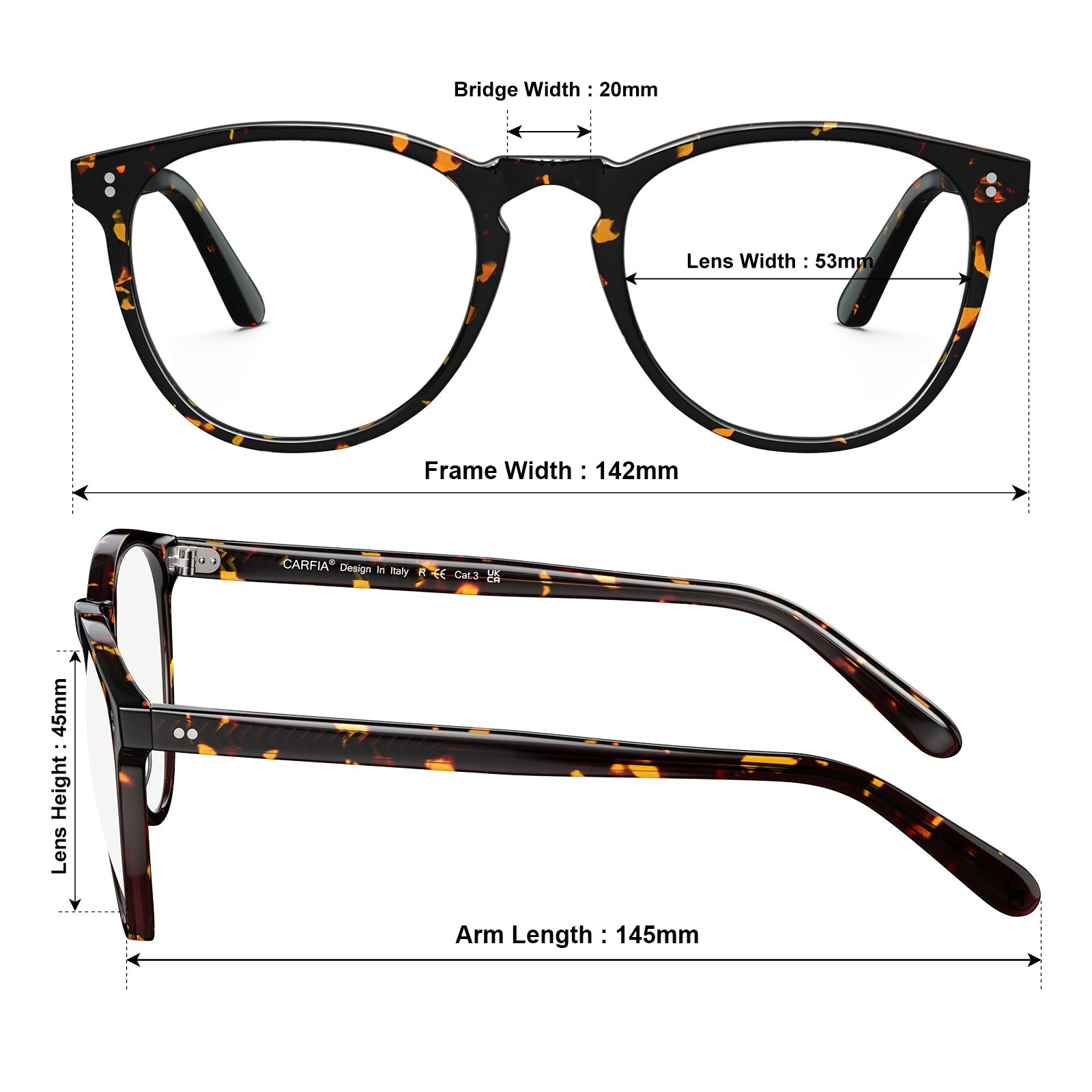 Carfia Orlanda-FL09 Tortoise Acetate Round Prescription Glasses Eyeglasses for Unisex, Size Chart: 142mm frame width, 53mm lens width, 45mm lens height, 20mm bridge, 145mm temple
