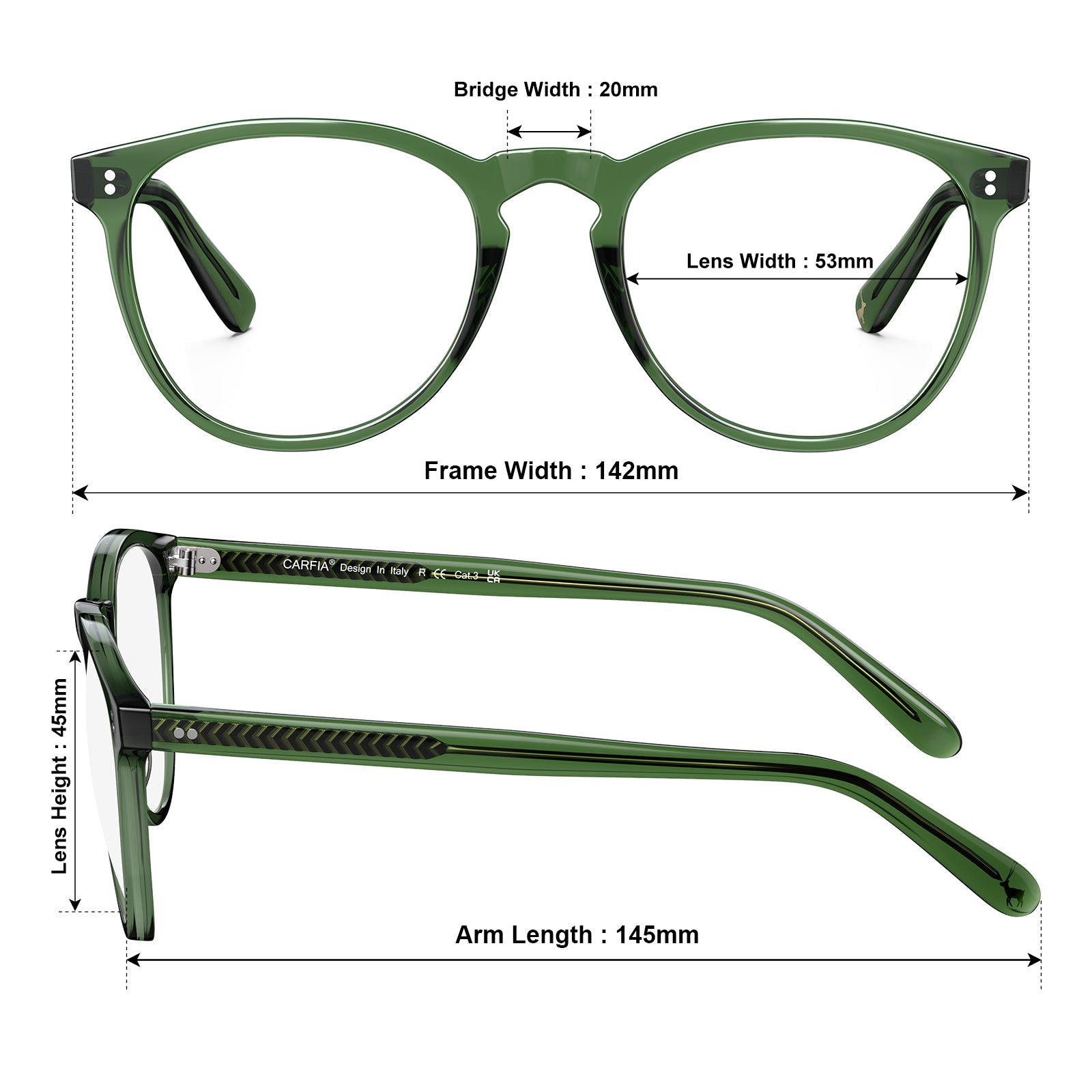 Carfia Orlanda-FL17 Green Acetate Round Prescription Glasses Eyeglasses for Unisex, Size Chart: 142mm frame width, 53mm lens width, 45mm lens height, 20mm bridge, 145mm temple