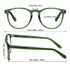 Carfia Orlanda-FL17 Green Acetate Round Prescription Glasses Eyeglasses for Unisex, Size Chart: 142mm frame width, 53mm lens width, 45mm lens height, 20mm bridge, 145mm temple