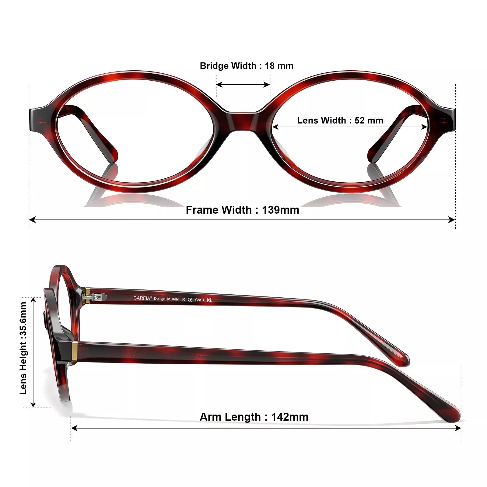 Carfia Ovalen CA7032-C2 Tortoise Acetate Oval Prescription Glasses Eyeglasses for Women, Size-Chart View