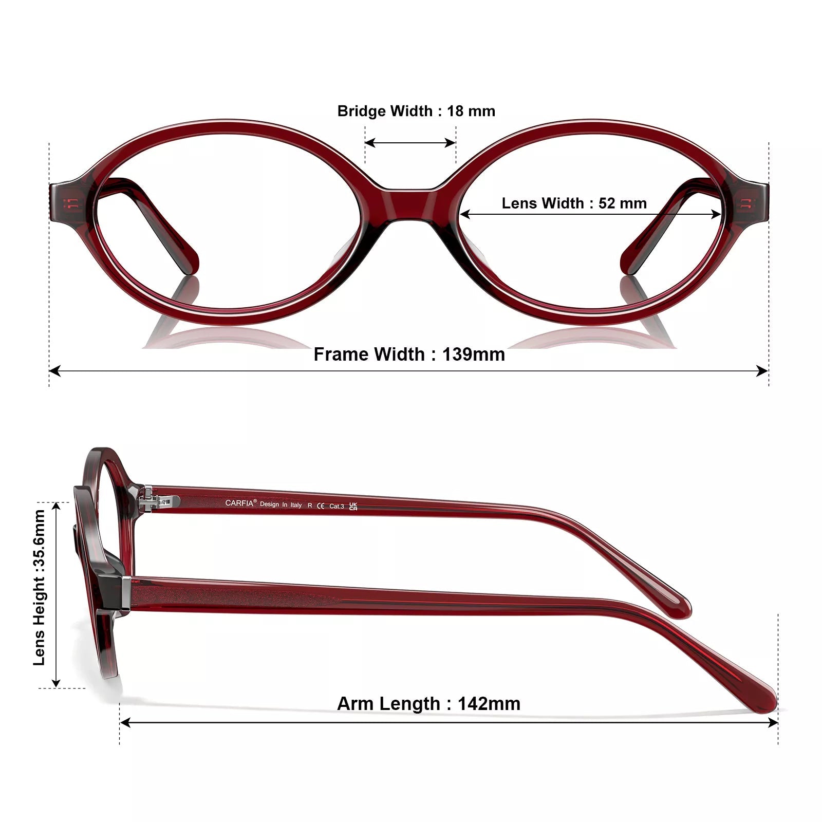 Carfia Ovalen CA7032-C4 Red Acetate Oval Prescription Glasses Eyeglasses for Women, Size-Chart View