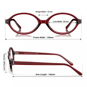 Carfia Ovalen CA7032-C4 Red Acetate Oval Prescription Glasses Eyeglasses for Women, Size-Chart View