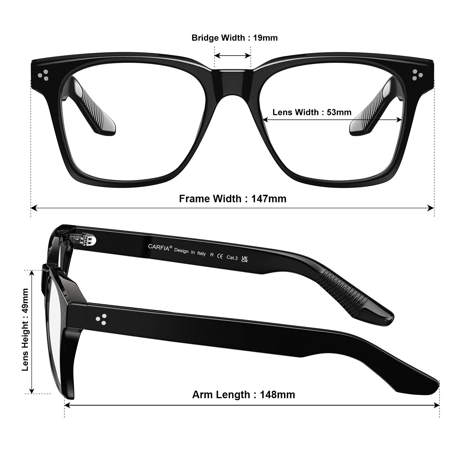Carfia Peoria CA31109-C1 Black Acetate Rectangle Prescription Glasses Eyeglasses for Unisex, Size-Chart View