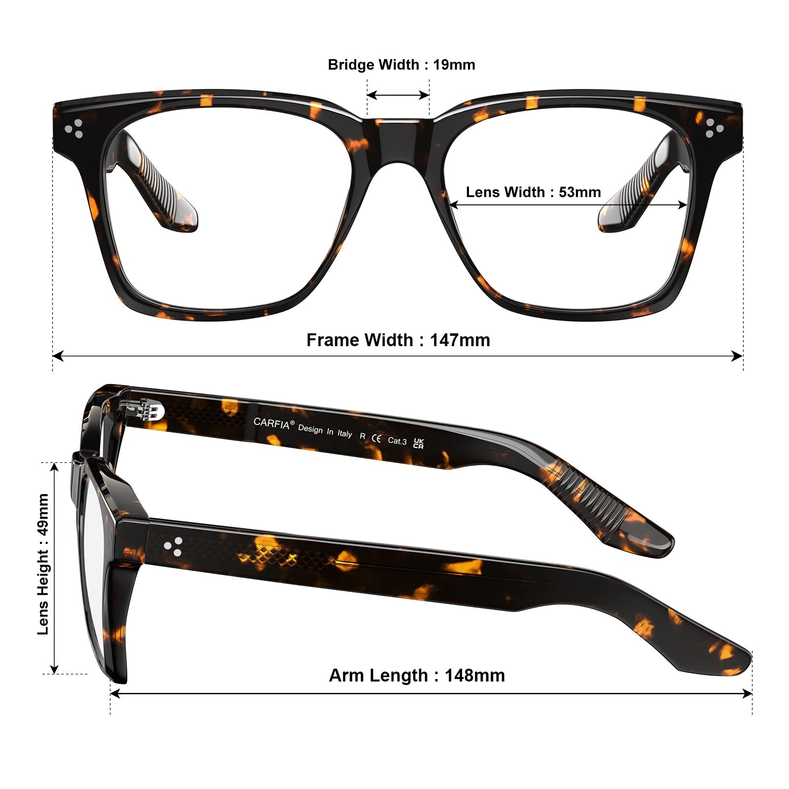 Carfia Peoria CA31109-FC13 Tortoise Acetate Rectangle Prescription Glasses Eyeglasses for Unisex, Size-Chart View