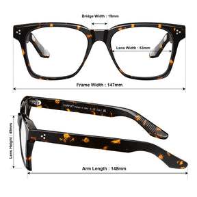 Carfia Peoria CA31109-FC13 Tortoise Acetate Rectangle Prescription Glasses Eyeglasses for Unisex, Size-Chart View