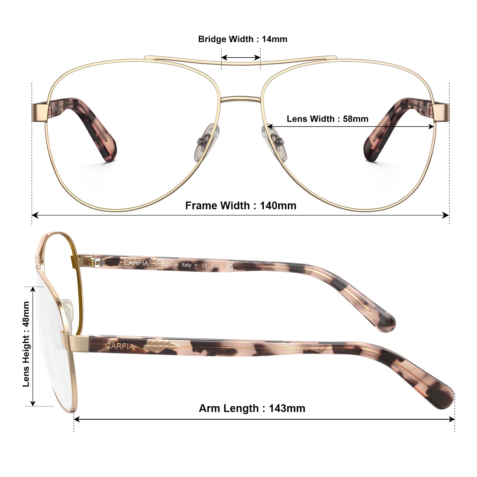 Carfia Poptart CA3216-FC10 Gold Metal Aviator Prescription Glasses Eyeglasses for Women, Size-Chart View