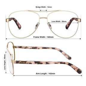 Carfia Poptart CA3216-FC10 Gold Metal Aviator Prescription Glasses Eyeglasses for Women, Size-Chart View