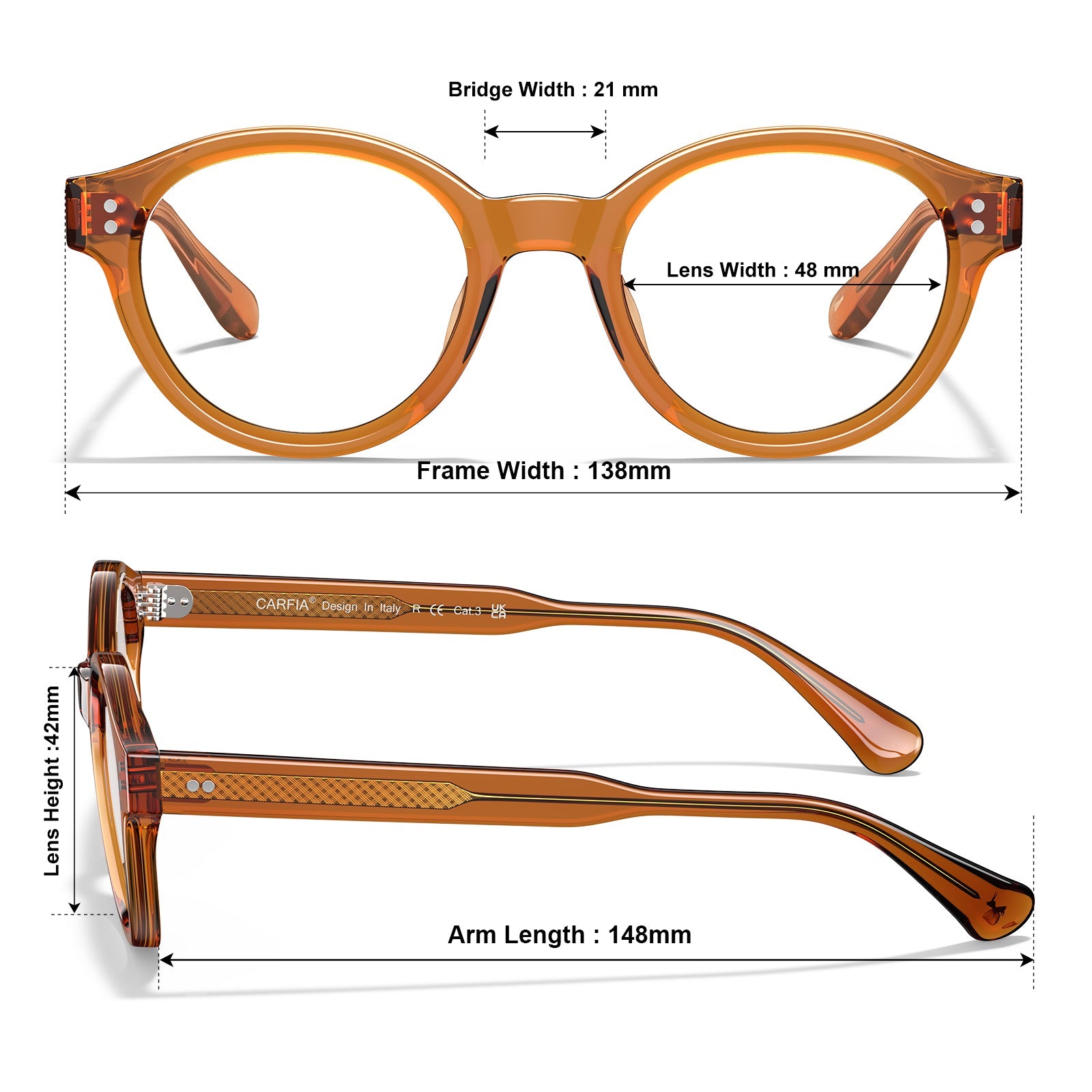 Carfia Primrose CA5403-FC03 Orange Acetate Round Prescription Glasses Eyeglasses for Unisex, Size Chart