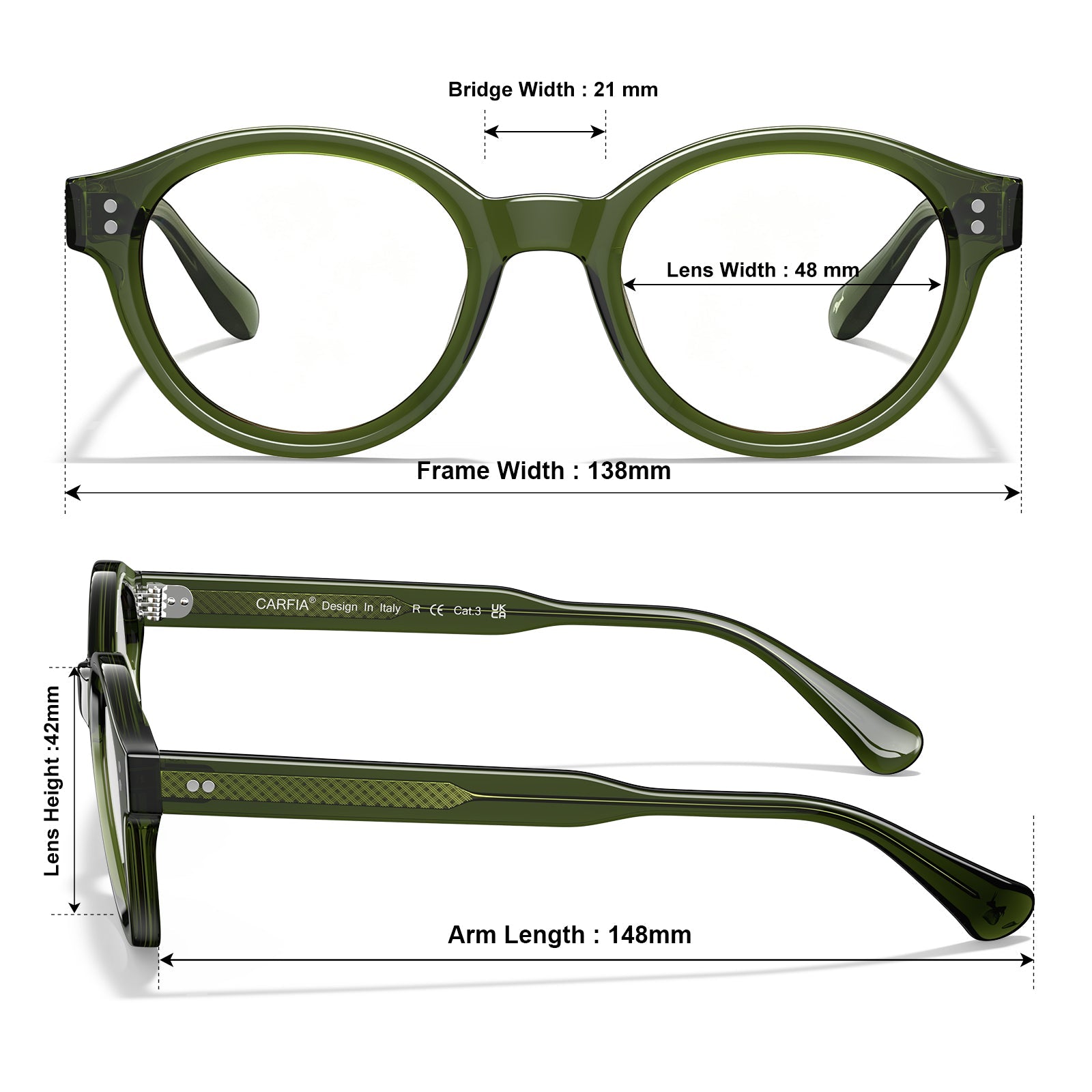 Carfia Primrose CA5403-FC06 Green Acetate Round Prescription Glasses Eyeglasses for Unisex, Size Chart