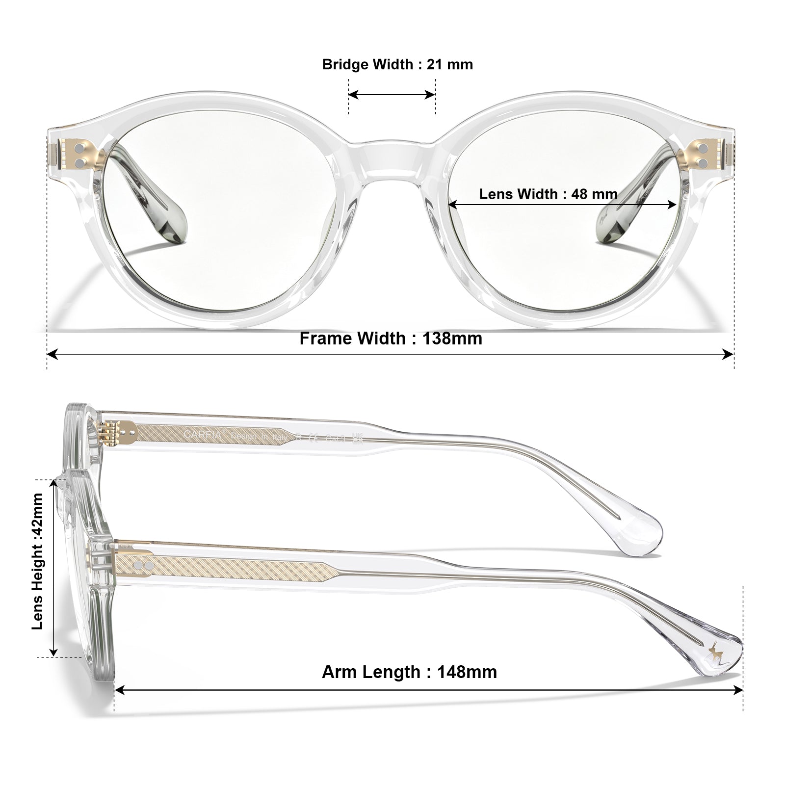Carfia Primrose CA5403-FC10 Clear Acetate Round Prescription Glasses Eyeglasses for Unisex, Size Chart