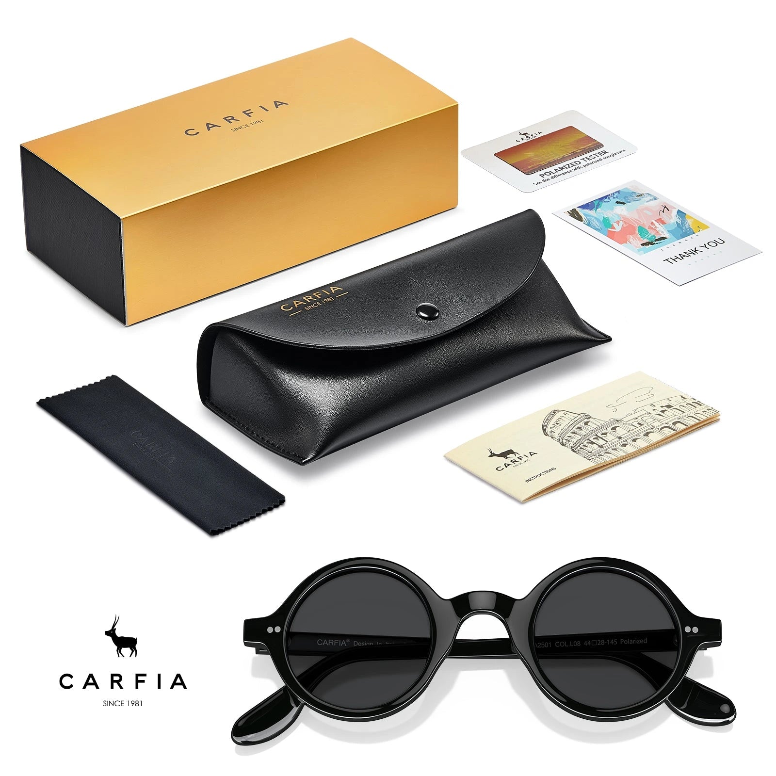 Carfia Retro CA2501-C01 Black Acetate Round Polarized Sunglasses for Men, Package View