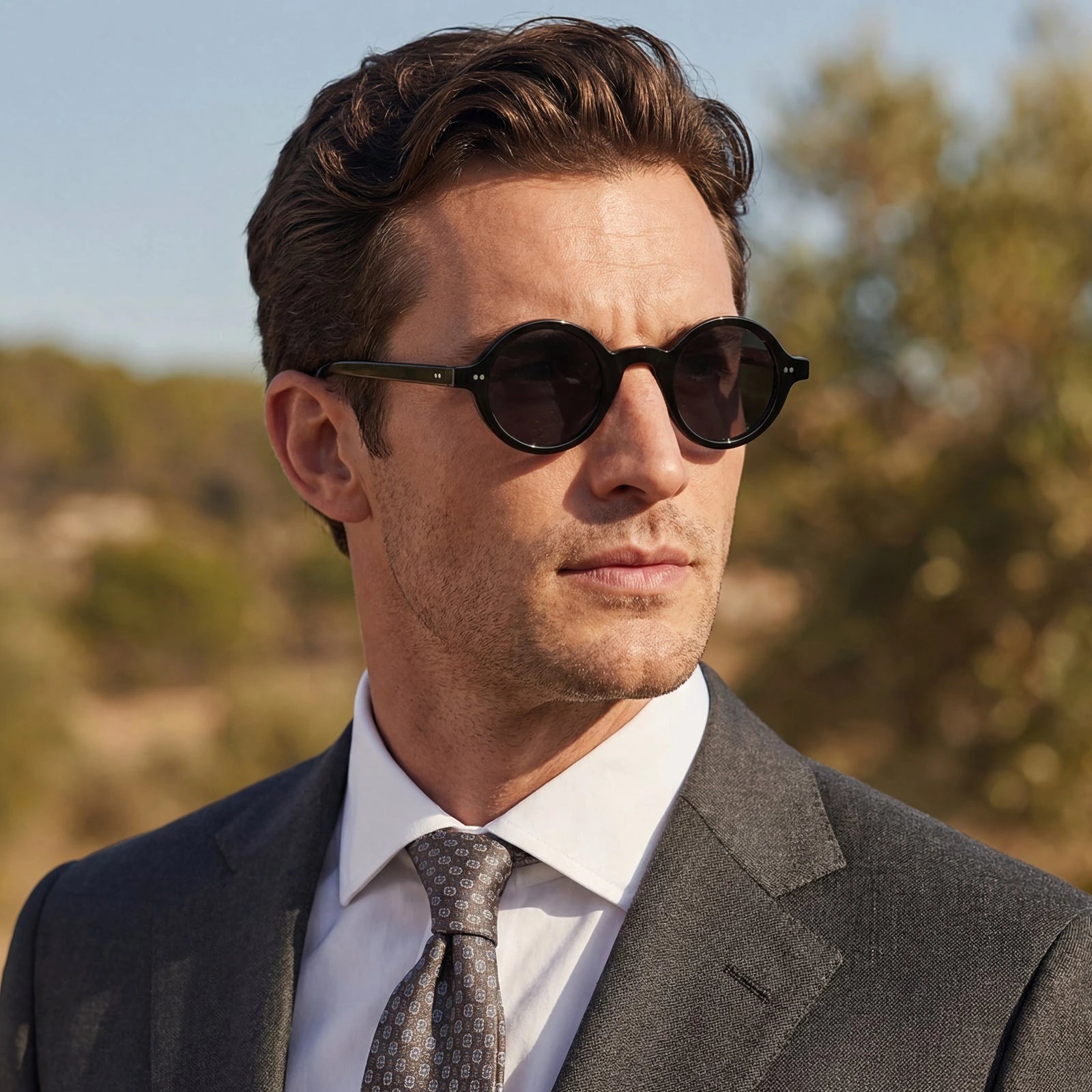 Carfia Retro CA2501-C01 Black Acetate Round Polarized Sunglasses for Men, Portrait View