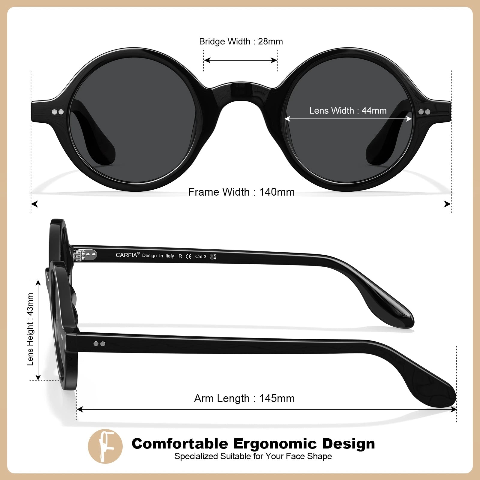 Carfia Retro CA2501-C01 Black Acetate Round Polarized Sunglasses for Men, Size-Chart View