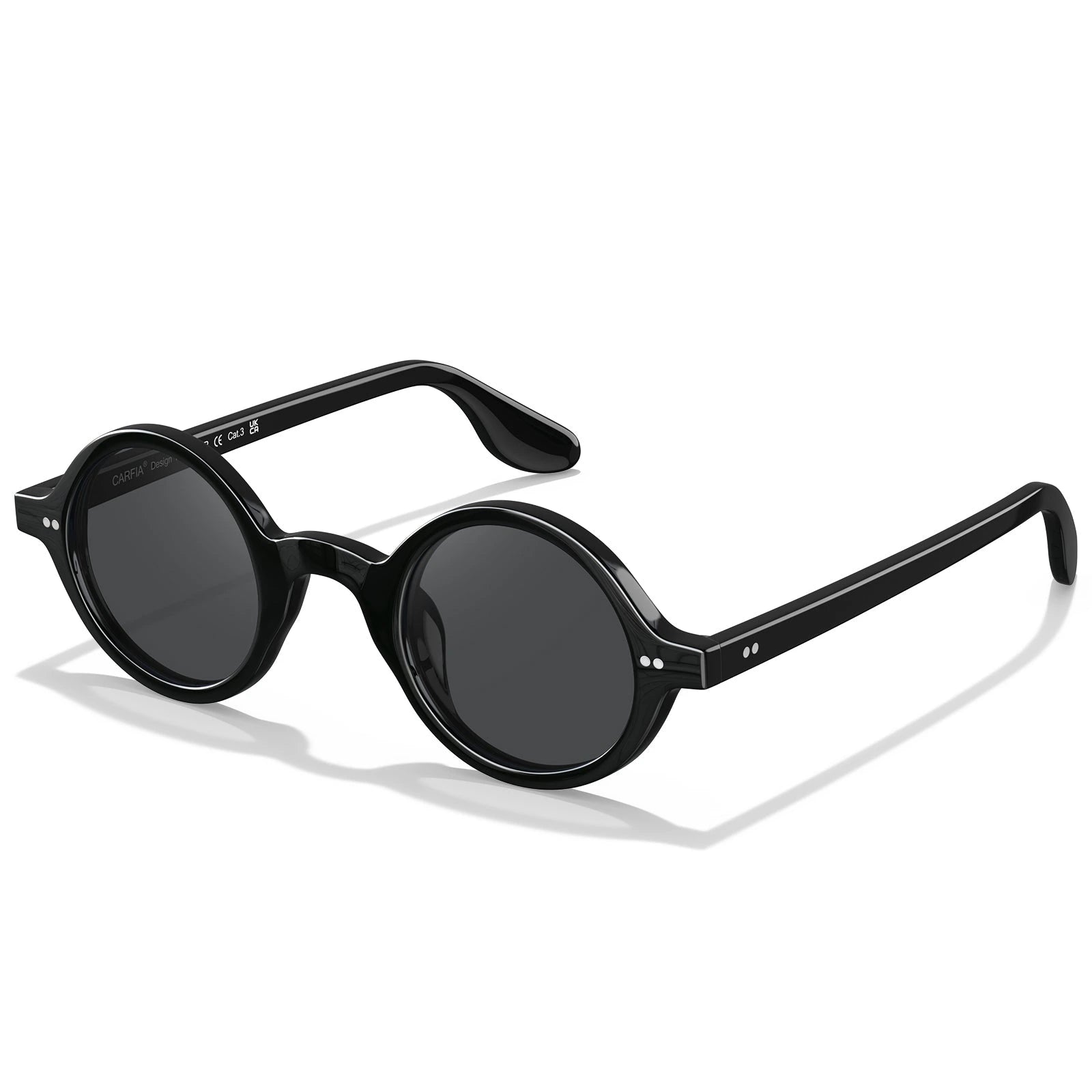Carfia Retro CA2501-C01 Black Acetate Round Polarized Sunglasses for Men, Three-Quarter View
