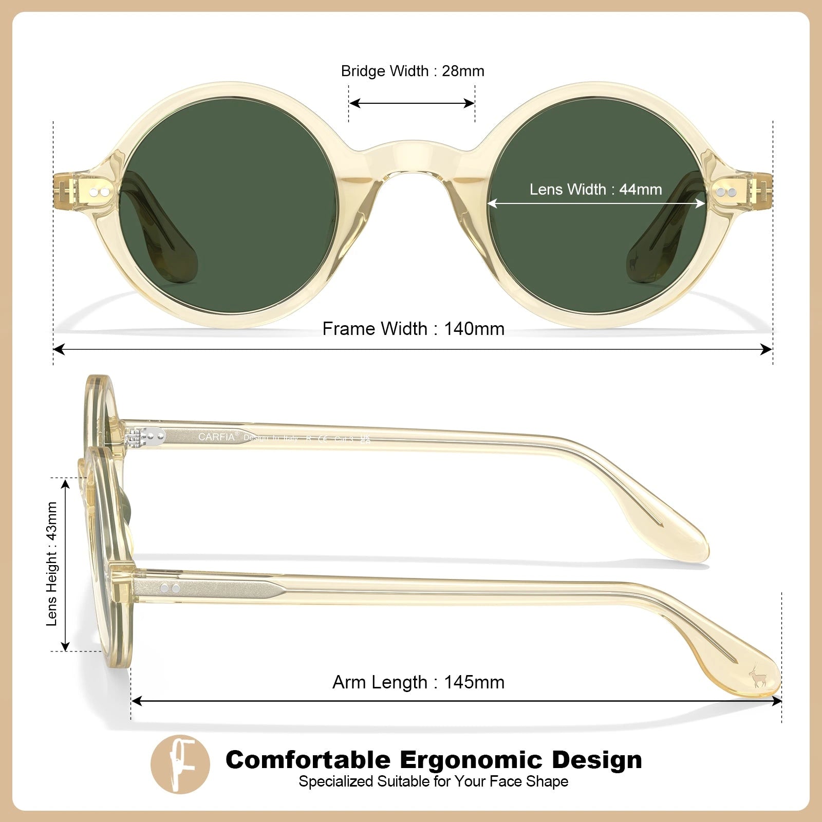 Carfia Retro CA2501-C05 Black Acetate Round Polarized Sunglasses for Men, Size-Chart View