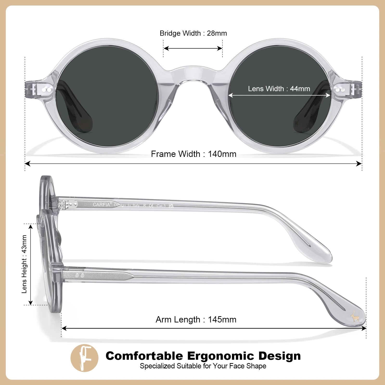 Carfia Retro CA2501-C06 Black Acetate Round Polarized Sunglasses for Men, Size-Chart View