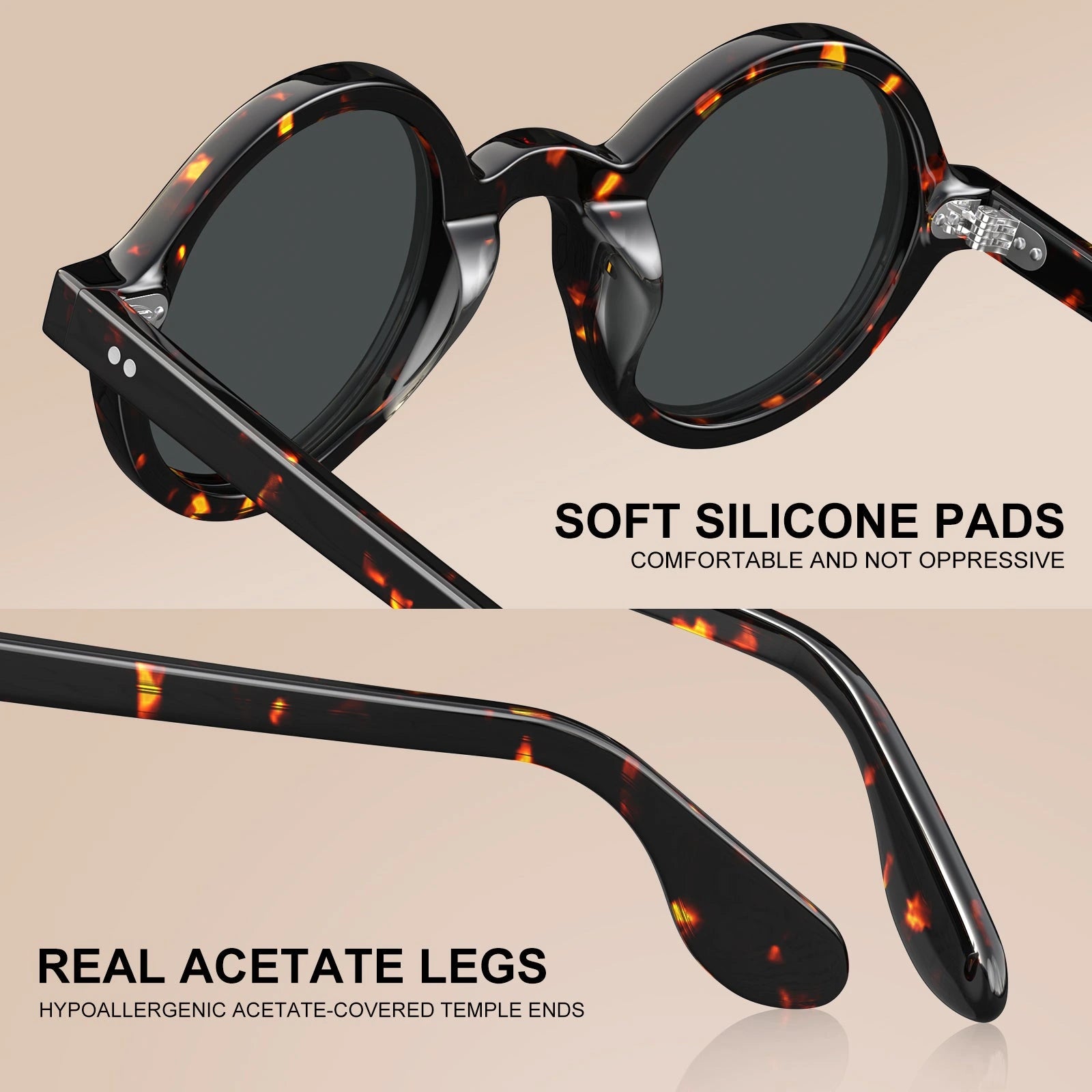 Carfia Retro CA2501-C14 Black Acetate Round Polarized Sunglasses for Men, Features View