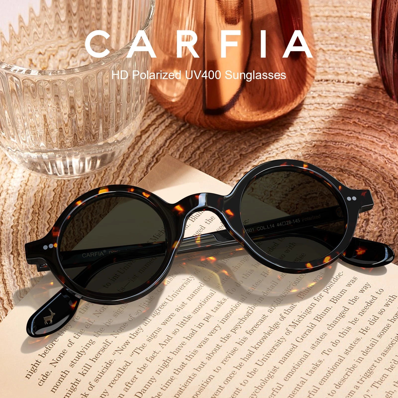 Carfia Retro CA2501-C14 Black Acetate Round Polarized Sunglasses for Men, Lifestyle View