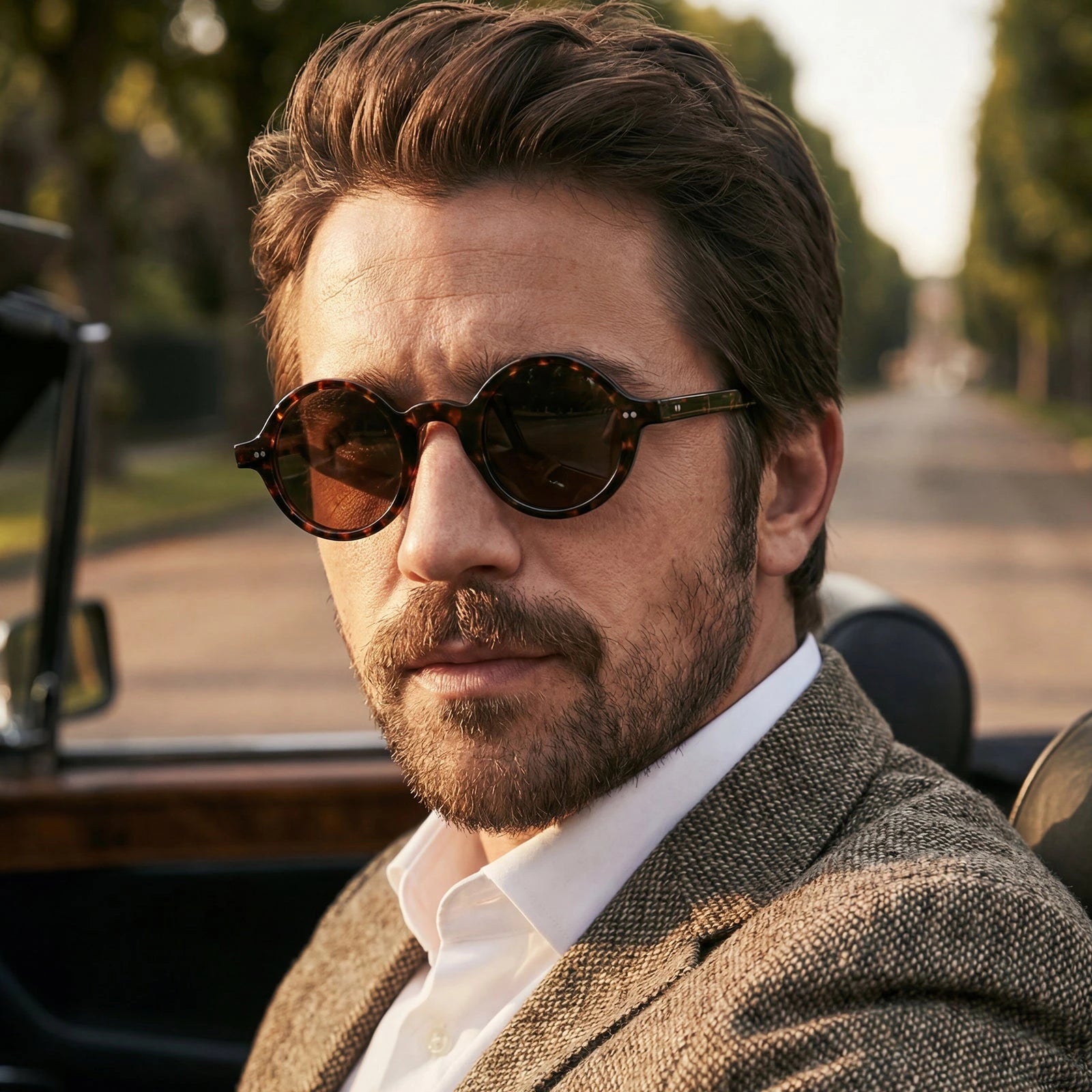 Carfia Retro CA2501-C14 Black Acetate Round Polarized Sunglasses for Men, Model View