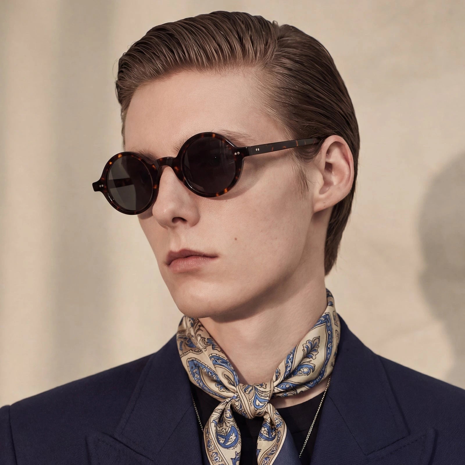 Carfia Retro CA2501-C14 Black Acetate Round Polarized Sunglasses for Men, Portrait View