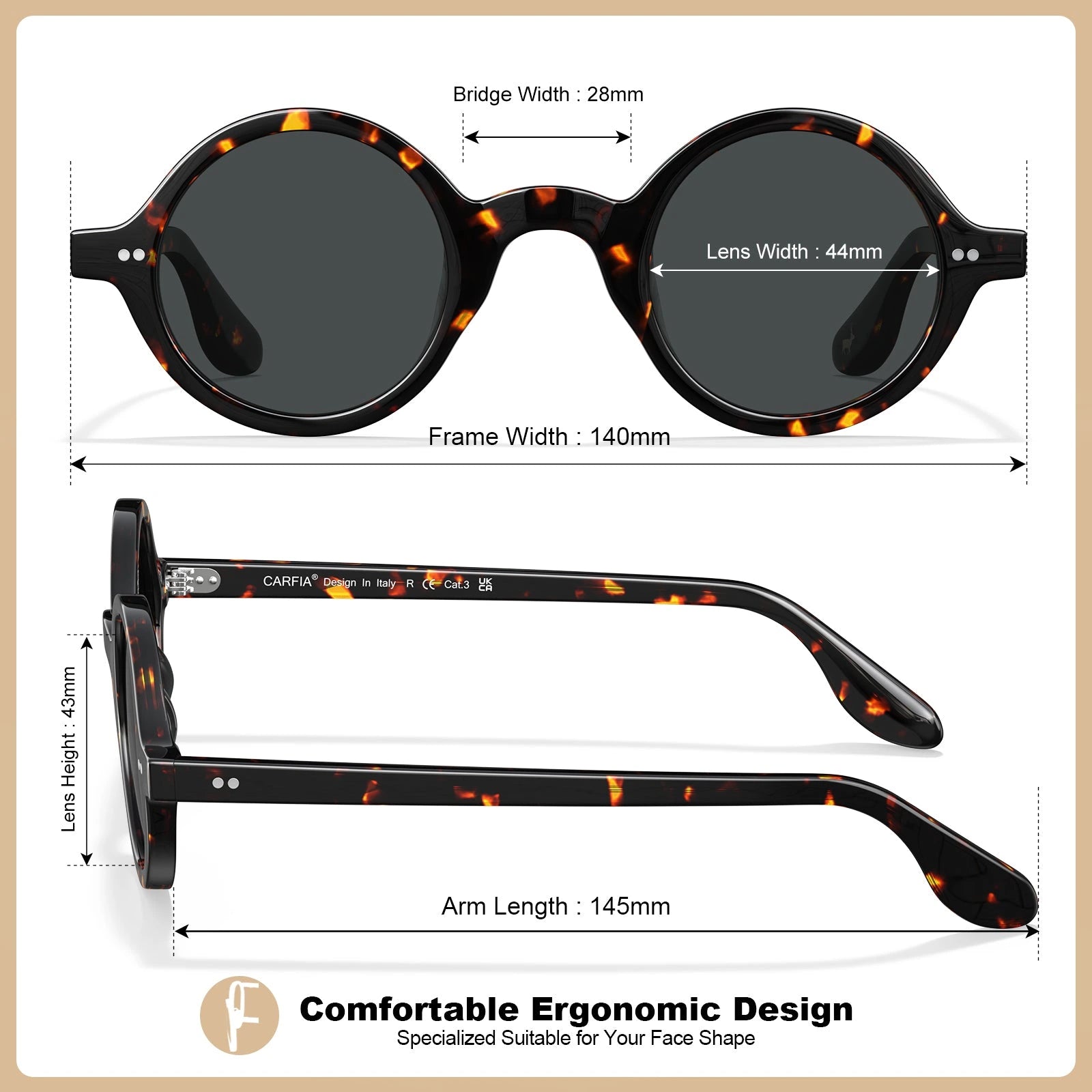 Carfia Retro CA2501-C14 Black Acetate Round Polarized Sunglasses for Men, Size-Chart View