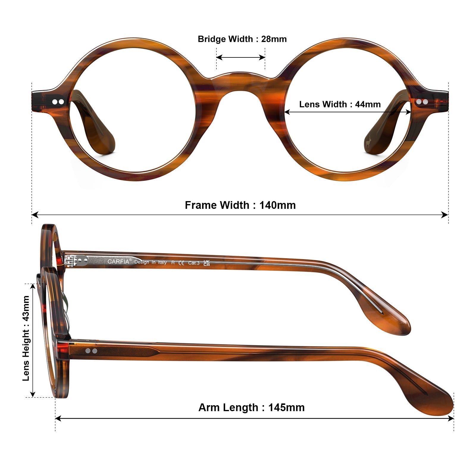 Carfia Retroz CA2501-FC02 Brown Acetate Round Prescription Glasses Eyeglasses for Unisex, Size Chart
