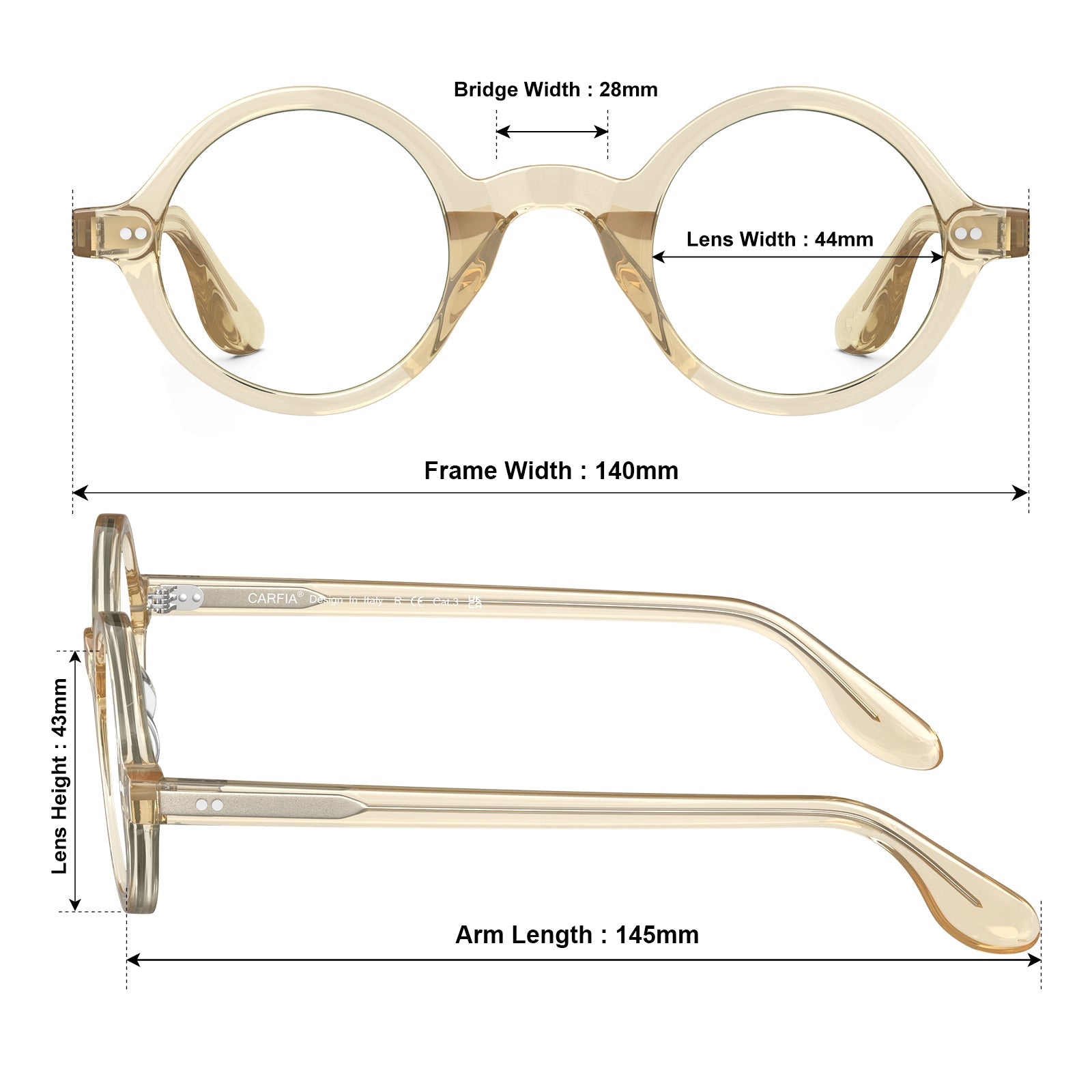 Carfia Retroz CA2501FC05 Gold Acetate Round Prescription Glasses Eyeglasses for Unisex, Size Chart