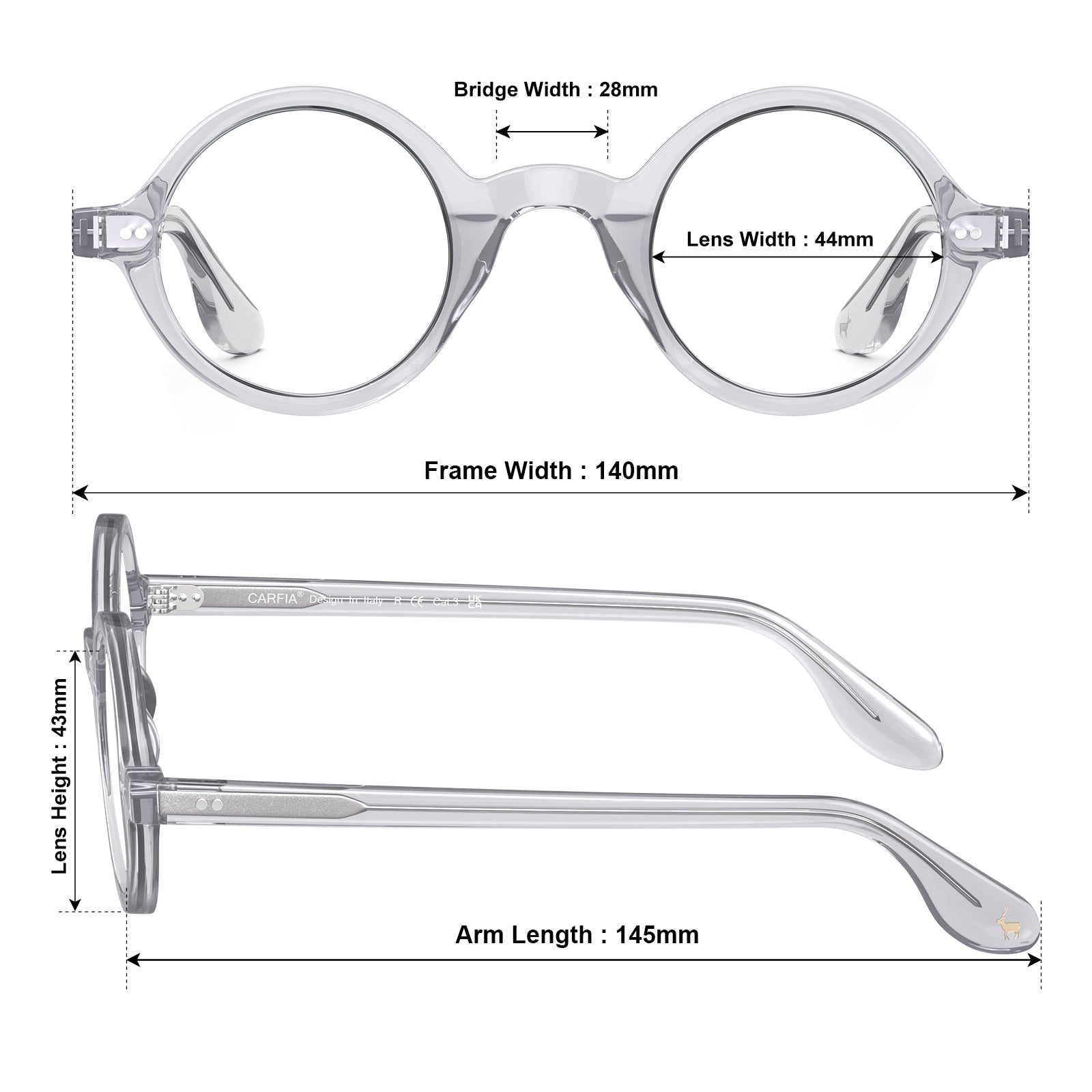 Carfia Retroz CA2501-FC06 Clear Acetate Round Prescription Glasses Eyeglasses for Unisex, Size Chart