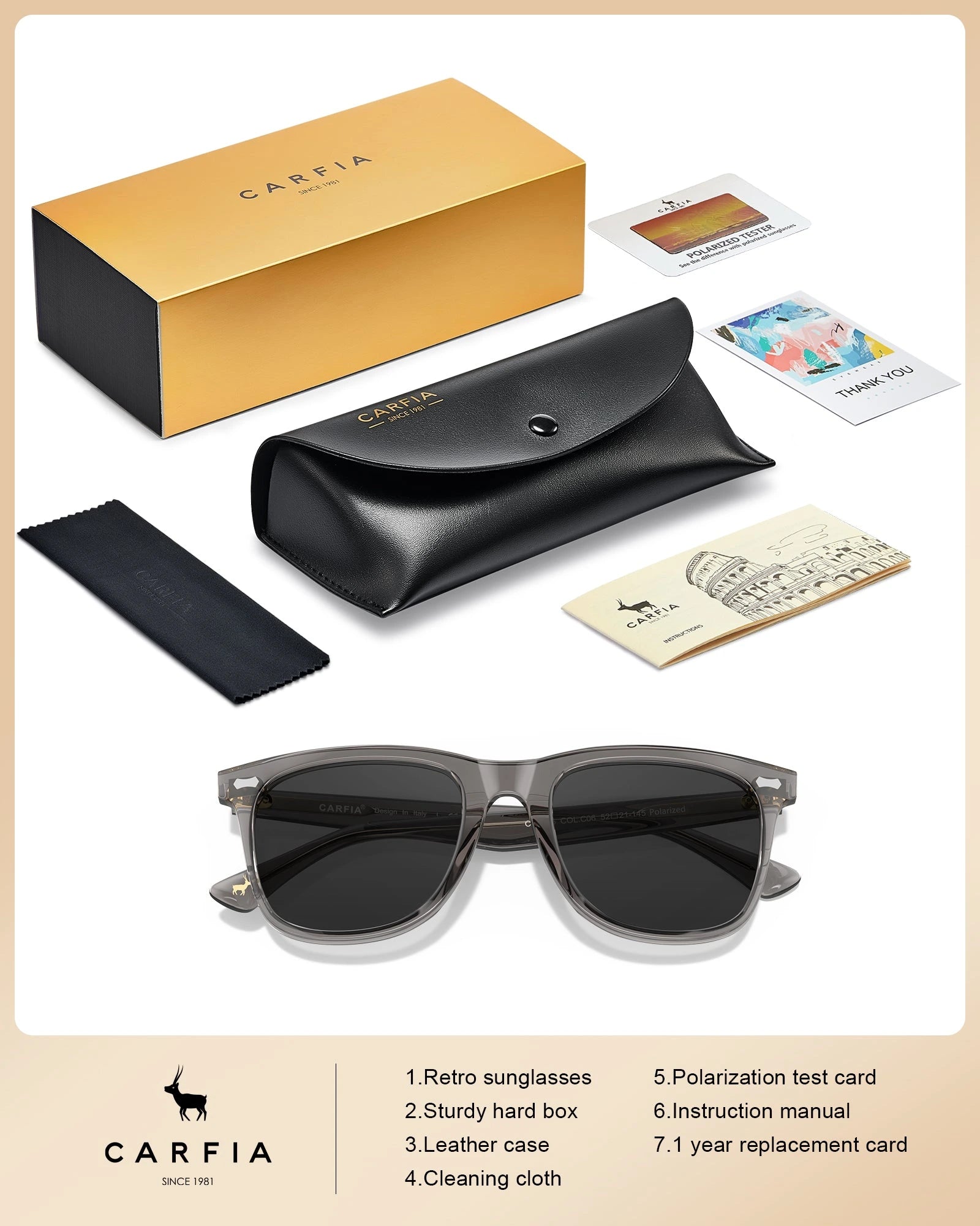 Carfia Sedona CA5356-C06 Grey Acetate Square Polarized Sunglasses for Men, Package View