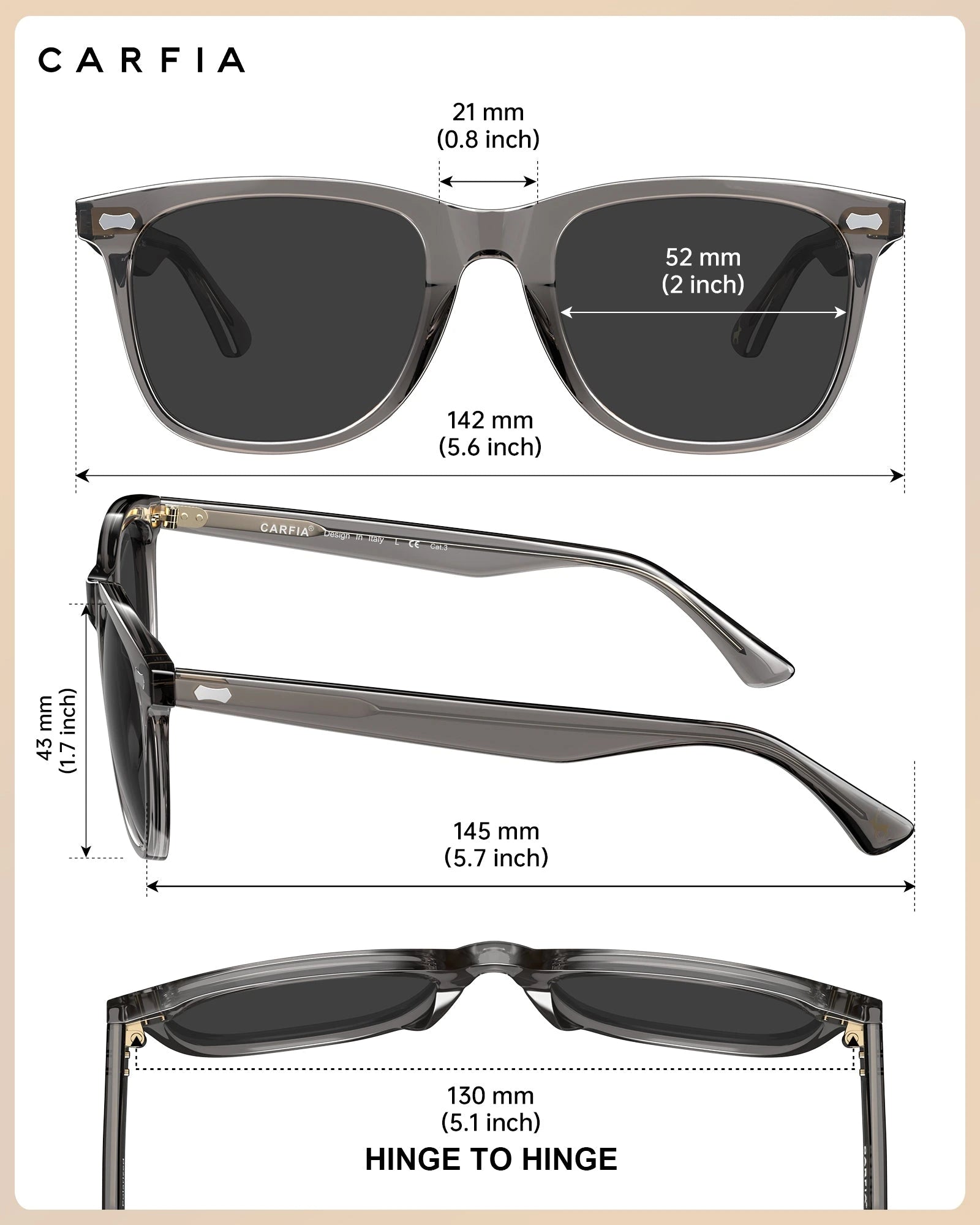 Carfia Sedona CA5356-C06 Grey Acetate Square Polarized Sunglasses for Men, Size-Chart View