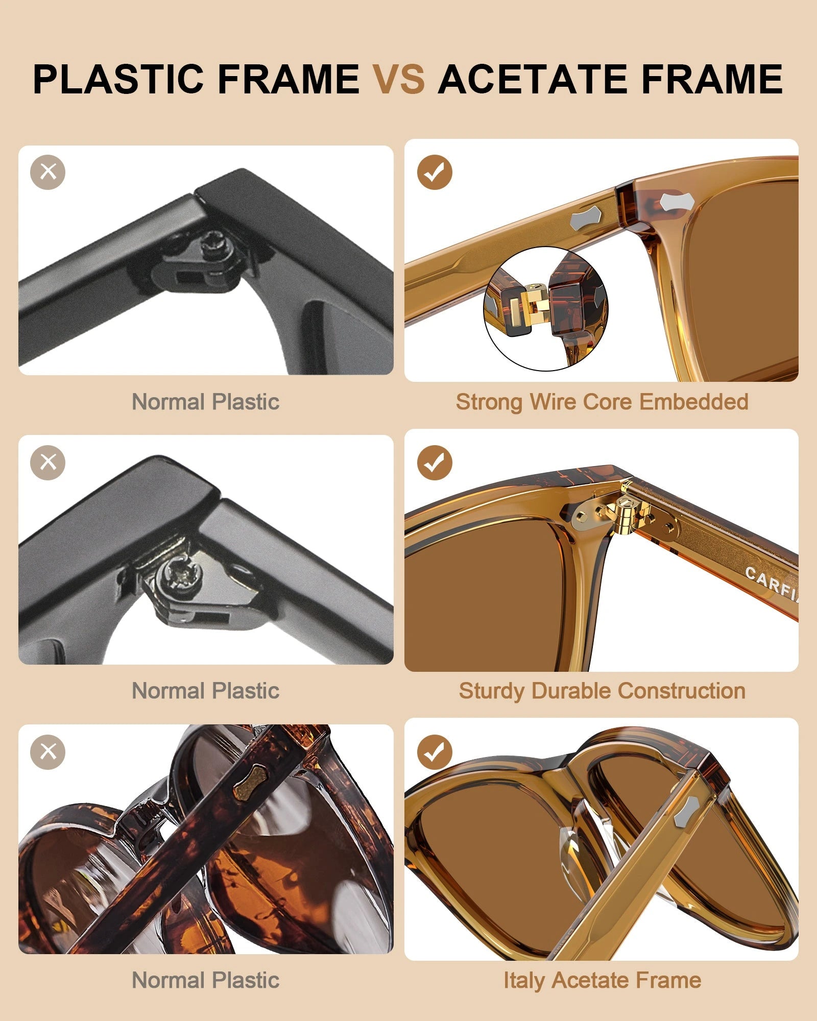 Carfia Sedona CA5356-C25 Brown Acetate Square Polarized Sunglasses for Men, Detail View