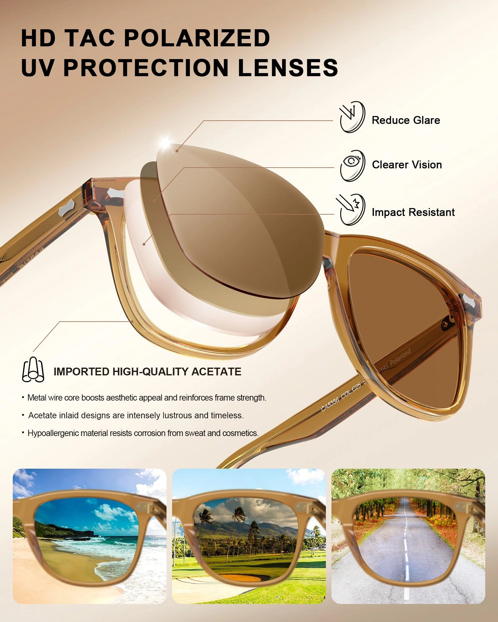 Carfia Sedona CA5356-C25 Brown Acetate Square Polarized Sunglasses for Men, Features View