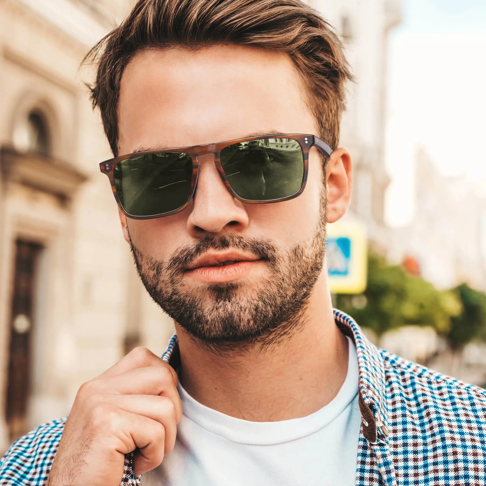 Carfia Shelton-C02 Brown Acetate Square Polarized Sunglasses for Men, Lifestyle Model View
